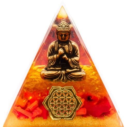 Pyramide Orgonite de protection en résine et pierre naturelle - quartz jaune - corail - bouddha, fleur de vie cuivre - 6x6cm