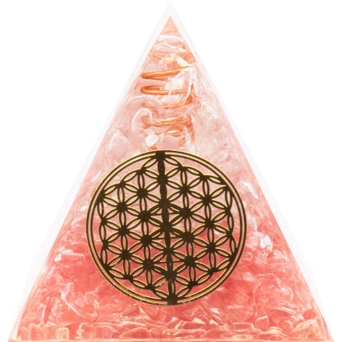 Pyramide Orgonite de protection en résine et pierre naturelle - quartz rose - fleur de vie en cuivre - 6x6cm