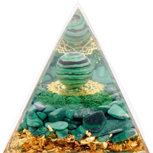 Pyramide Orgonite de protection en résine et pierre naturelle - boule de paon - malachite  - composants en cuivre - 6x6cm