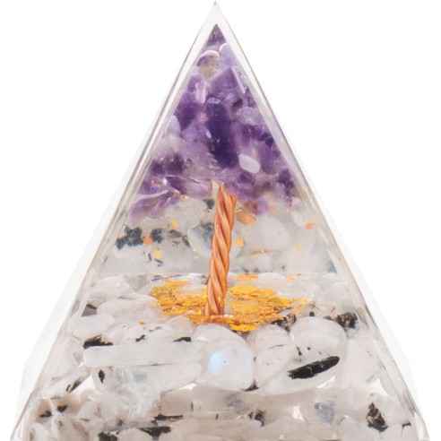 Pyramide Orgonite de protection en résine et pierre naturelle - quartz tourmaliné - améthyste - 5x5cm