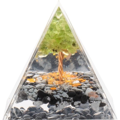 Pyramide Orgonite de protection en résine et pierre naturelle - quartz vert - obsidienne neige - 5x5cm