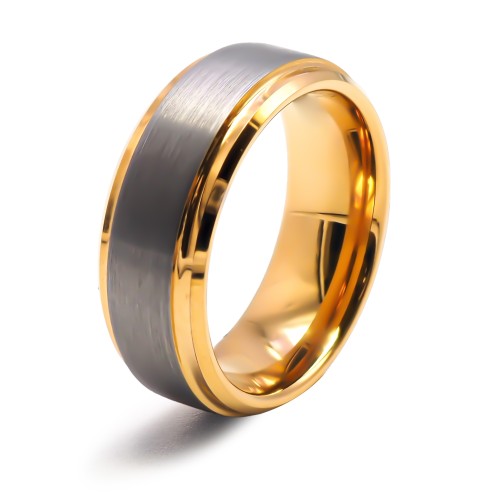 Bague tungstène - intérieur confort doré 14K - effet brossé - largeur 8mm