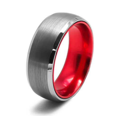 Bague tungstène - intérieur confort aluminium rouge - effet brossé - largeur 8mm