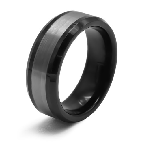 Bague tungstène - intérieur confort noir - 2 tons - noirs et blancs - effet brossé