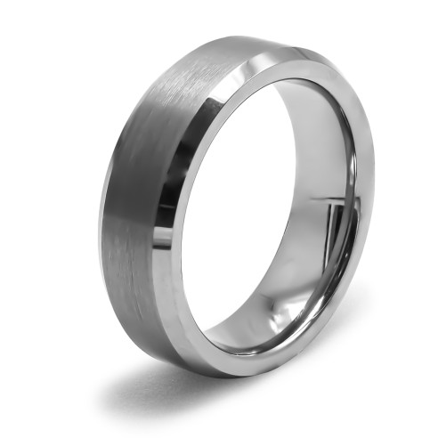 Bague tungstène - effet brossé -  bord biseauté - largeur 6mm