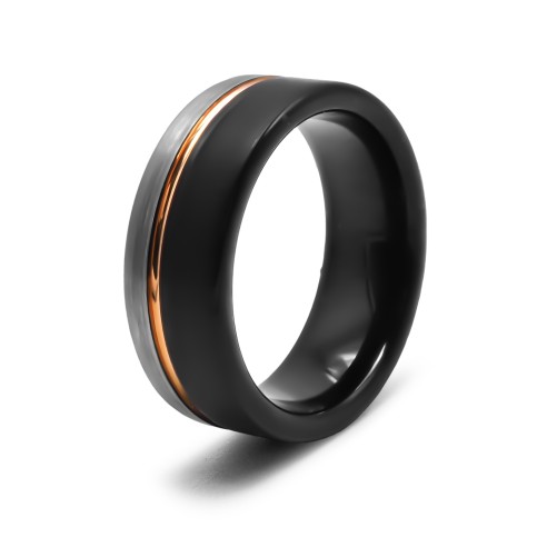 Bague tungstène - 2 tons acier et noir - rainure rosée - largeur 8mm