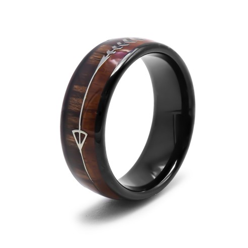 Bague tungstène - PVD noir - bois 2 tons - largeur 8mm Koa + Ebony