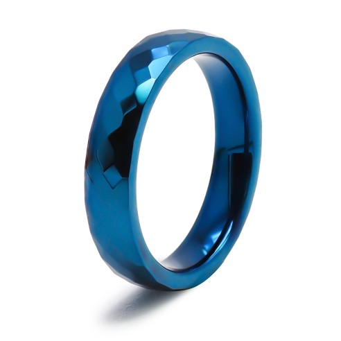 Bague tungstène - finition facettée bleu - largeur 4mm