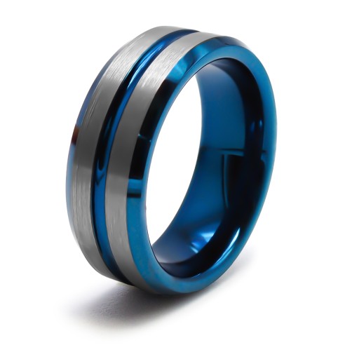 Bague tungstène - 2 tons - bleus et acier - largeur 8mm