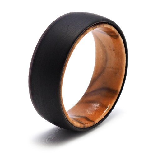 Bague tungstène -  pvd noir - intérieur confort en bois - largeur 8mm