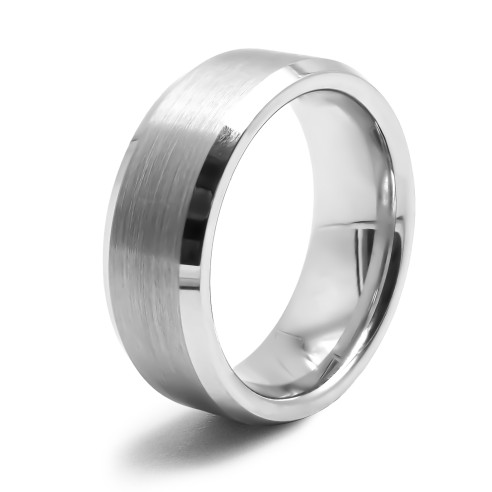 Bague tungstène - finition brossée - côté biseauté - largeur 8mm