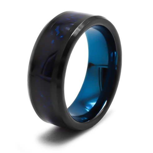 Bague Tungstène - PVD Noir - intérieur confort - fibre de carbonne bleu foncée - feuille noire - largeur 8mm