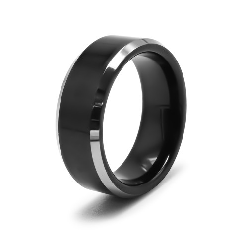 Bague tungstène - couleur argent & PVD Noir - côté biseauté 1mm chacun - largeur 8mm