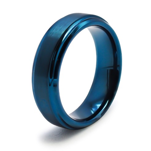 Bague Tungstène PVD Bleu - finition brossé - largeur 6mm - bords biseautés