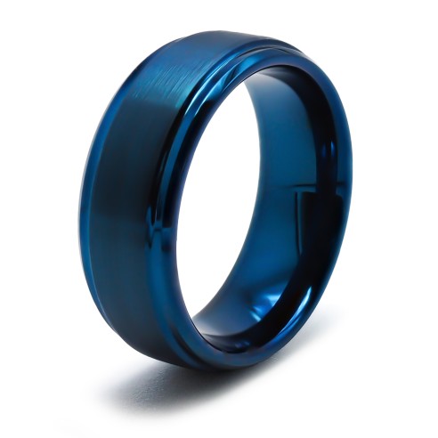 Bague Tungstène PVD Bleu - finition brossé - largeur 8mm - bords biseautés