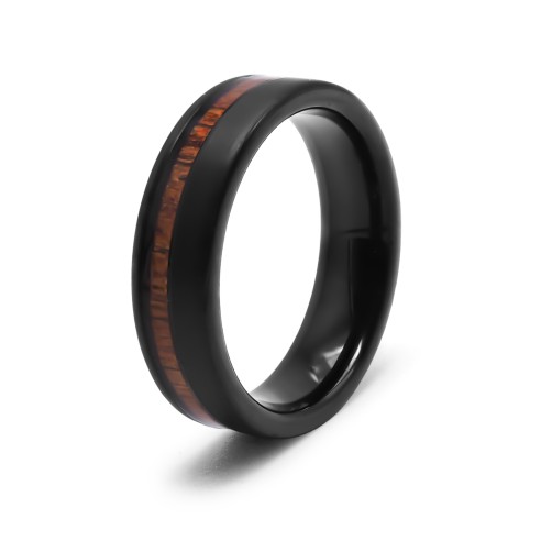 Bague tungstène - PVD noir - intérieur confort - incrustation bois - largeur 6mm