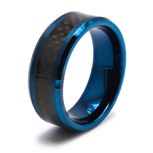 Bague tunsgtène - PVD bleu - intérieur confort - incrustation fibre de carbonne noir - largeur 8mm