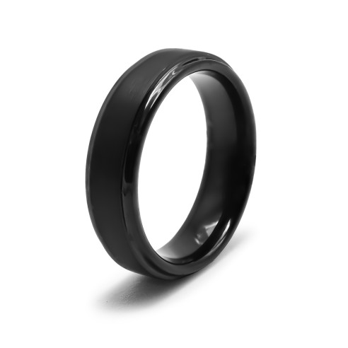 Bague Tungstène PVD noir - finition brossée - largeur 6mm - bords biseautés