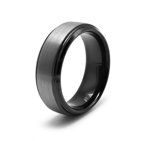 Bague tunsgtène - PVD noir - intérieur confort - finition couleur argent brossé matte - largeur 8mm