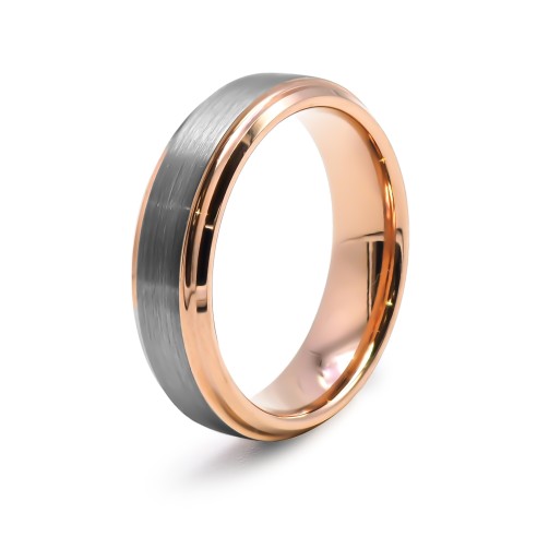 Bague tungstène - 2 tons pvd rosé - finition brossé - mat - intérieur confort pvd rosé - largeur 6mm - bord biseauté