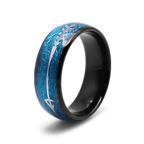 Bague Tunsgtène - pvd noir - intérieur imitation météorite teintée bleue - largeur 8mm