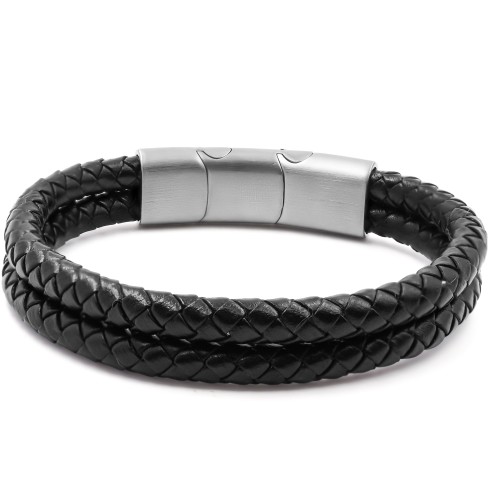 Bracelet acier pour homme - imitation cuir tressé noir - 2 rangs - 19,5+1,5cm