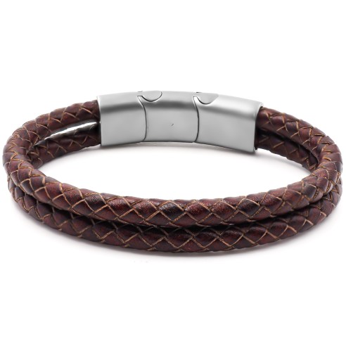 Bracelet acier pour homme - imitation cuir tressé marron - 2 rangs - 19,5+1,5cm