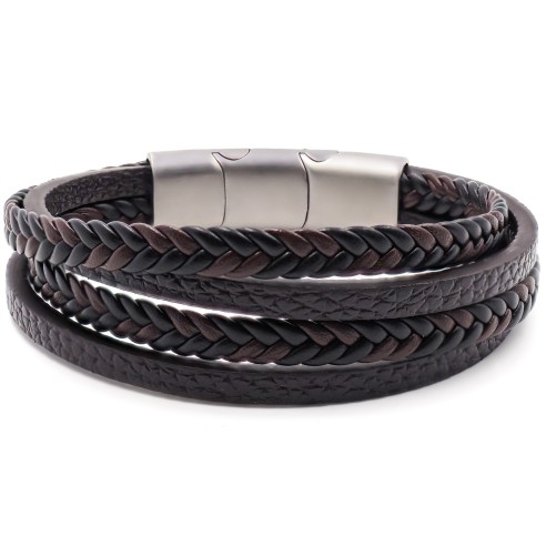 Bracelet acier pour homme - imitation cuir - 2 rangs tressés marrons et noirs - 2 rangs marrons - 19,5+1,5cm