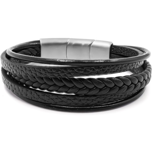 Bracelet acier pour homme - imitation cuir noir - 5 rangs - 19,5+1,5cm