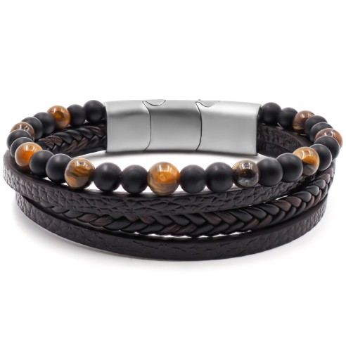 Bracelet acier pour homme imitation cuir - 3 rangs en cuir marron - 1 rang œil de tigre - onyx 19,5+1,5cm