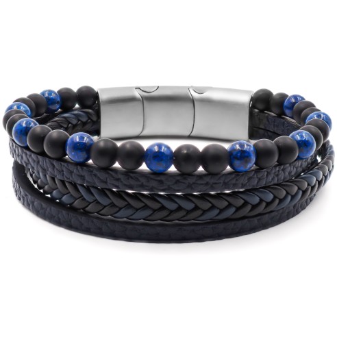 Bracelet acier pour homme imitation cuir - 3 rangs en cuir marron - 1 rang - œil de tigre bleu - onyx 19,5+1,5cm