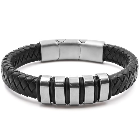 Bracelet acier pour homme - imitation cuir tressé noir - composants acier - 19,5+1,5cm