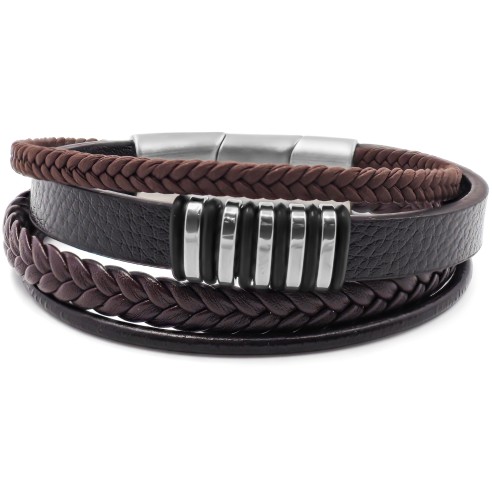 Bracelet acier pour homme - imitation cuir 4 rangs tressé et lisse marron - composants acier - 19,5+1,5cm