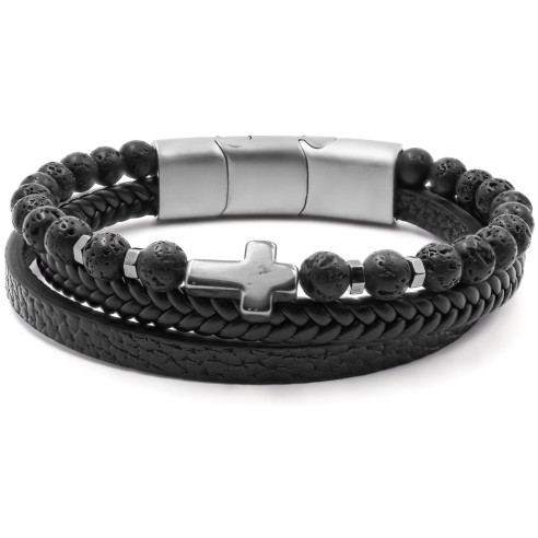 Bracelet acier pour homme imitation cuir - 2 rangs en cuir noir - 1 rang en pierres de lave - croix - 19,5+1,5cm