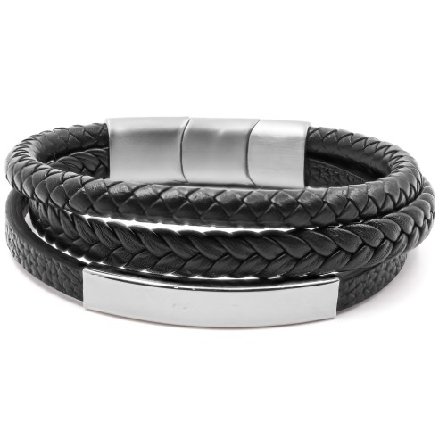 Bracelet acier pour homme - imitation cuir 3 rangs noirs - plaque acier - 19,5+1,5cm