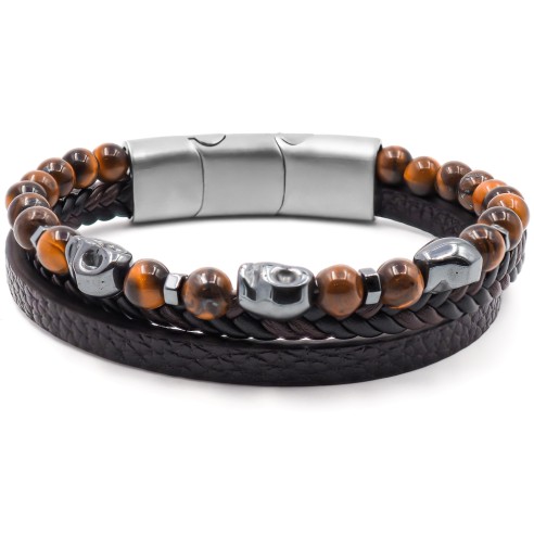 Bracelet acier pour homme imitation cuir - 2 rangs en cuir marron foncé - 1 rang  œil de tigre - 19,5+1,5cm