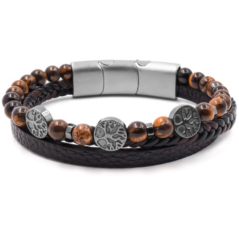 Bracelet acier pour homme imitation cuir - 2 rangs en cuir marron foncé - 1 rang en œil de tigre - arbre de vie - 19,5+1,5cm