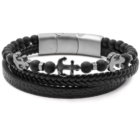 Bracelet acier pour homme imitation cuir - 2 rangs en cuir marron foncé - 1 rang en  onyx - ancre - 19,5+1,5cm