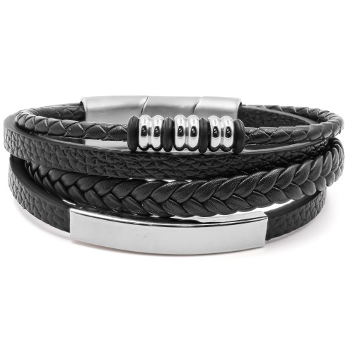 Bracelet acier pour homme - imitation cuir 3 rangs noirs - composants et plaque acier - 19,5+1,5cm