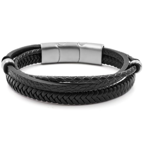 Bracelet acier pour homme - imitation cuir 3 rangs noirs - composants acier - 19,5+1,5cm