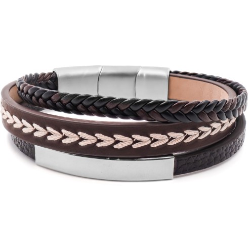 Bracelet acier pour homme - imitation cuir 3 rangs marrons - coton tressé beige - plaque acier - 19,5+1,5cm