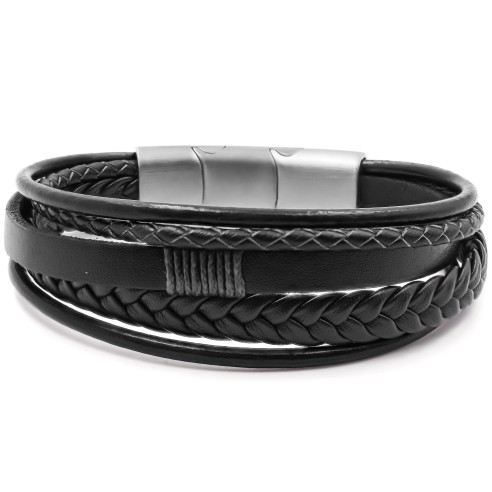 Bracelet acier pour homme - imitation cuir 5 rangs tressés et lisses noirs - 19,5+1,5cm