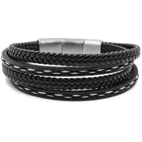 Bracelet acier pour homme - imitation cuir 4 rangs tressés et lisses noirs - 19,5+1,5cm