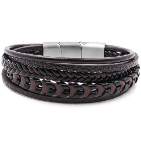 Bracelet acier pour homme - imitation cuir 5 rangs tressés et lisses marrons - 19,5+1,5cm