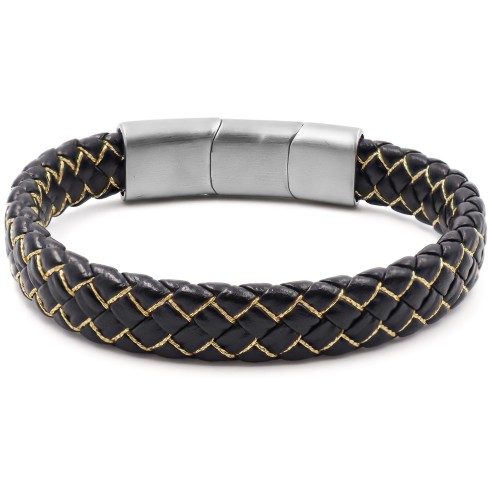 Bracelet acier pour homme - imitation cuir tressé noir - coton doré entrelacé - 19,5+1,5cm