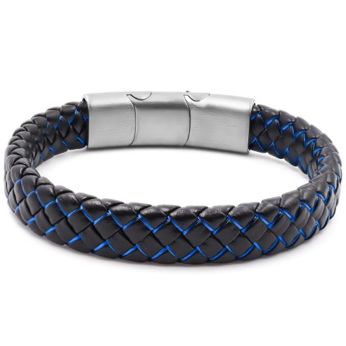 Bracelet acier pour homme - imitation cuir tressé noir - coton bleu entrelacé - 19,5+1,5cm