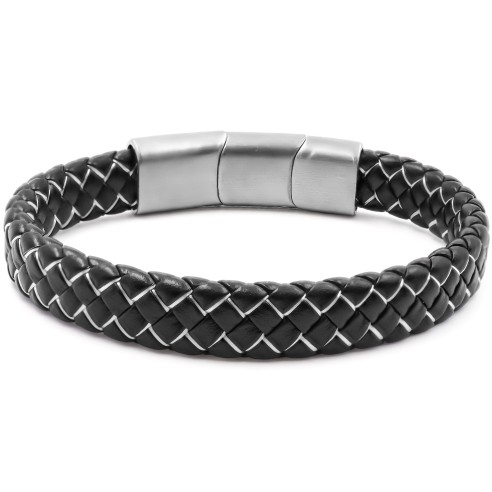 Bracelet acier pour homme - imitation cuir tressé noir - coton blanc entrelacé - 19,5+1,5cm