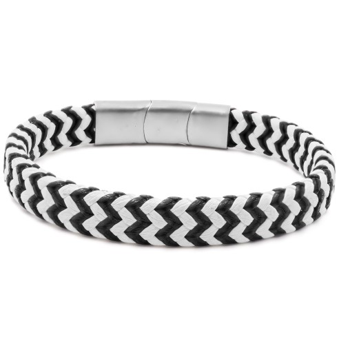 Bracelet acier pour homme - imitation cuir tressé noir et blanc - 19,5+1,5cm