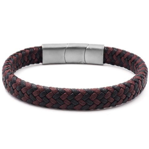 Bracelet acier pour homme - imitation cuir tressé marron et noir - 19,5+1,5cm