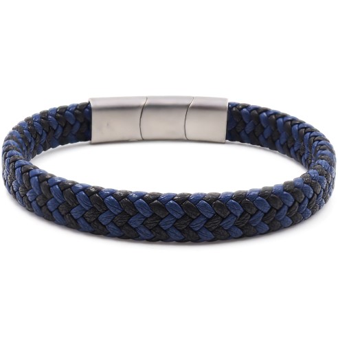 Bracelet acier pour homme - imitation cuir tressé noir et bleu - 19,5+1,5cm